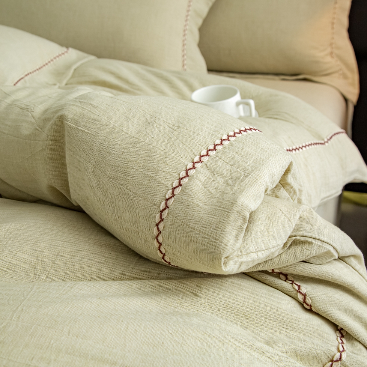 91家纺网 家纺一手货源 找家纺 慕梵家居 2026春夏新款全棉棉麻简约纯色系列四件套-棉麻 棉麻-青禾