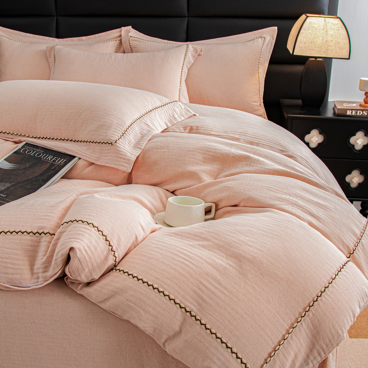 慕梵家居 2026春夏新款全棉棉麻简约纯色系列四件套-棉麻 棉麻-柔粉