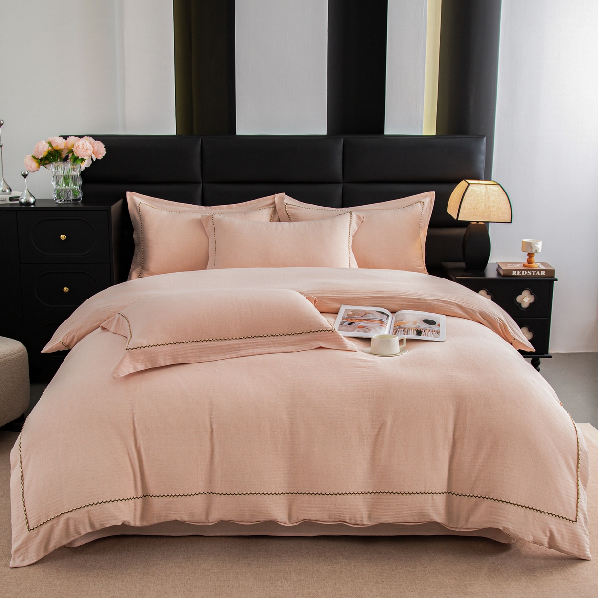 91家纺网 家纺一手货源 找家纺 慕梵家居 2026春夏新款全棉棉麻简约纯色系列四件套-棉麻 棉麻-柔粉