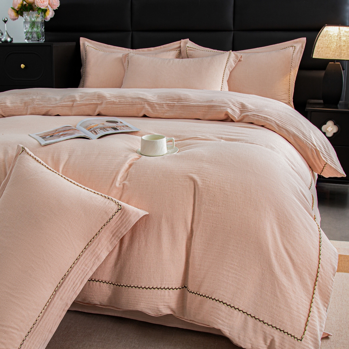 91家纺网 家纺一手货源 找家纺 慕梵家居 2026春夏新款全棉棉麻简约纯色系列四件套-棉麻 棉麻-柔粉