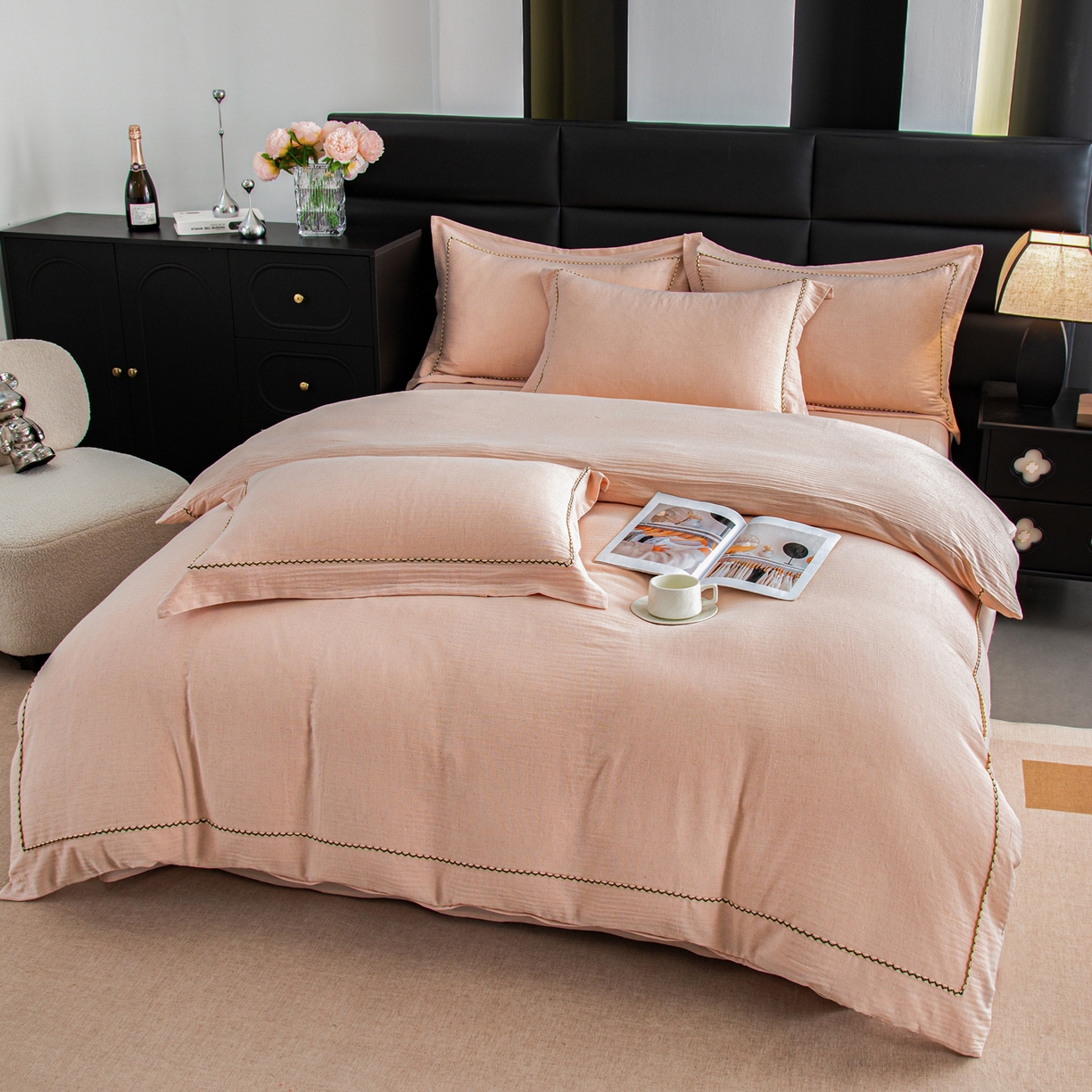 91家纺网 家纺一手货源 找家纺 慕梵家居 2026春夏新款全棉棉麻简约纯色系列四件套-棉麻 棉麻-柔粉