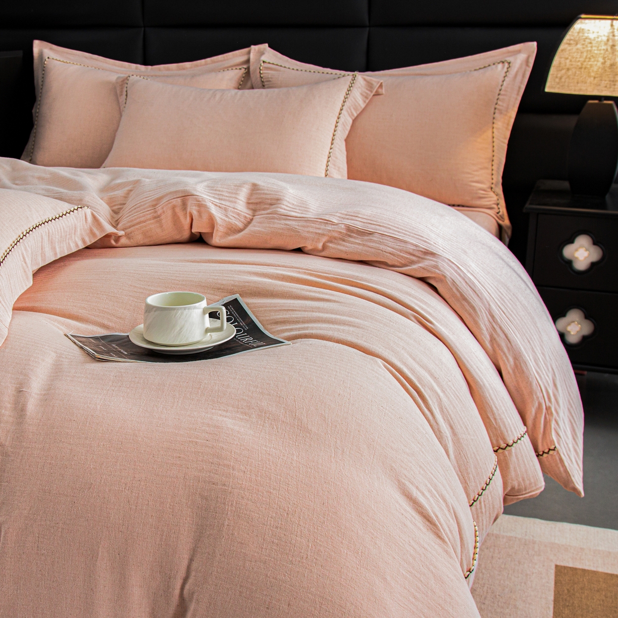 91家纺网 家纺一手货源 找家纺 慕梵家居 2026春夏新款全棉棉麻简约纯色系列四件套-棉麻 棉麻-柔粉