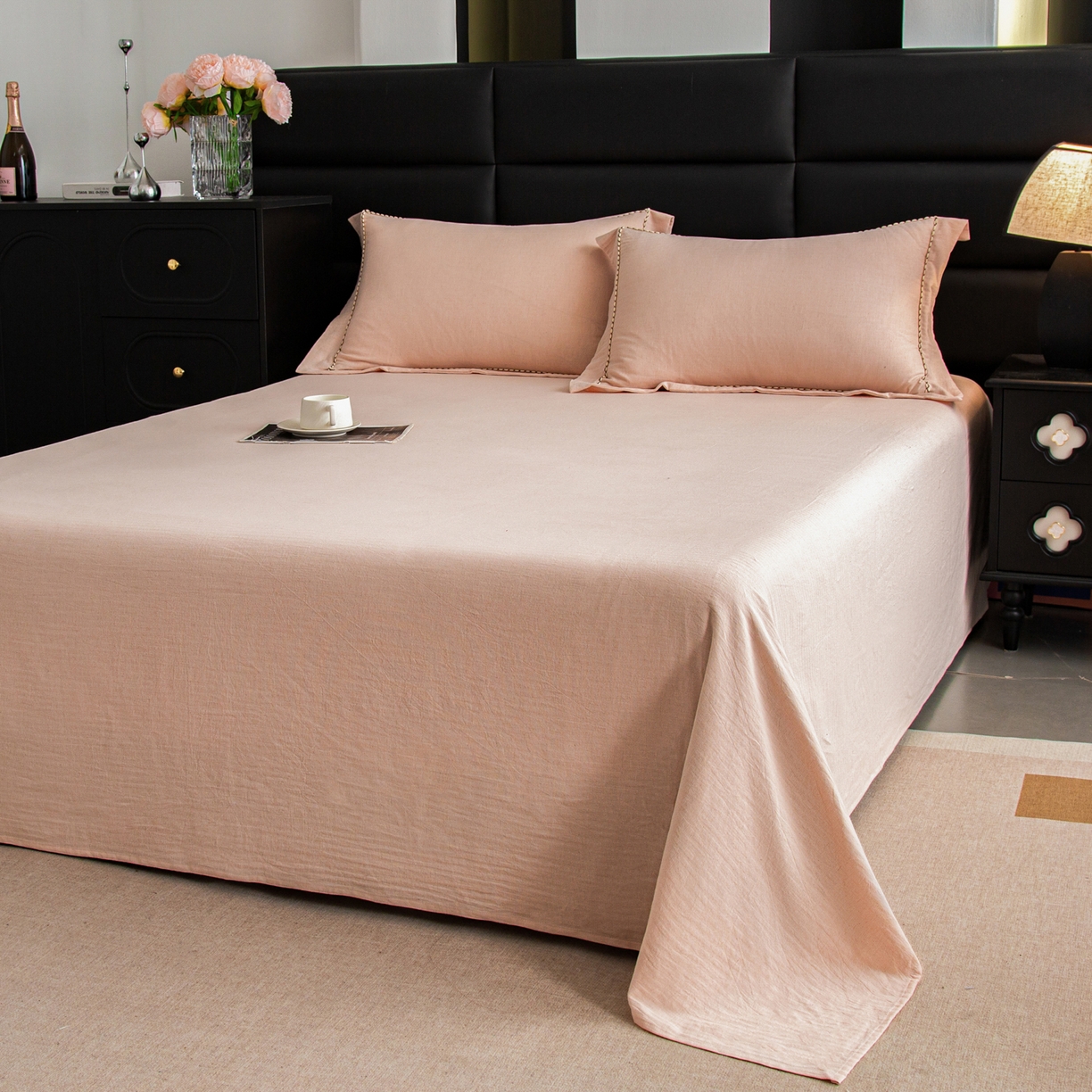 91家纺网 家纺一手货源 找家纺 慕梵家居 2026春夏新款全棉棉麻简约纯色系列四件套-棉麻 棉麻-柔粉