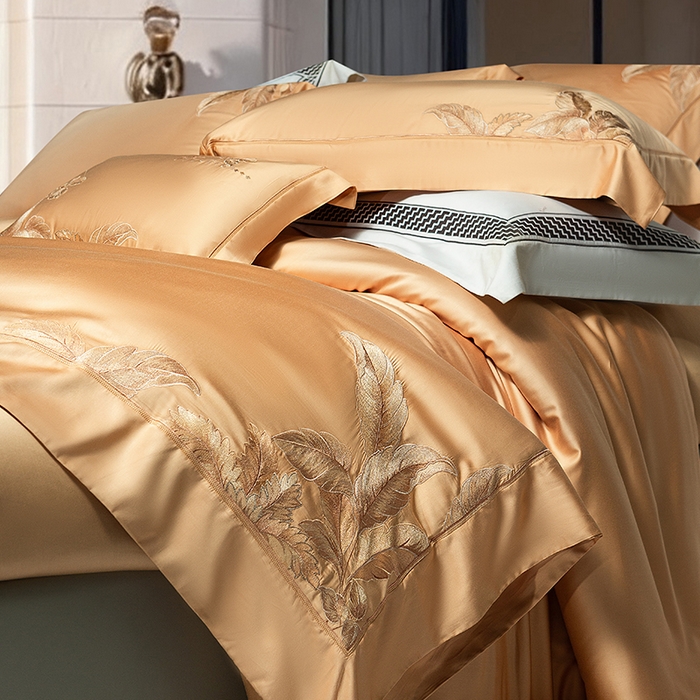 91家纺网 家纺一手货源 找家纺 诗黛尔 2026春夏新款天丝刺绣流绪微梦系列四件套 流绪微梦-南瓜橘