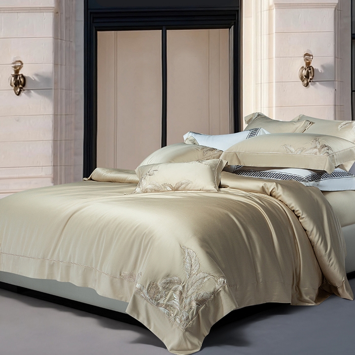 91家纺网 家纺一手货源 找家纺 诗黛尔 2026春夏新款天丝刺绣流绪微梦系列四件套 流绪微梦-香槟金