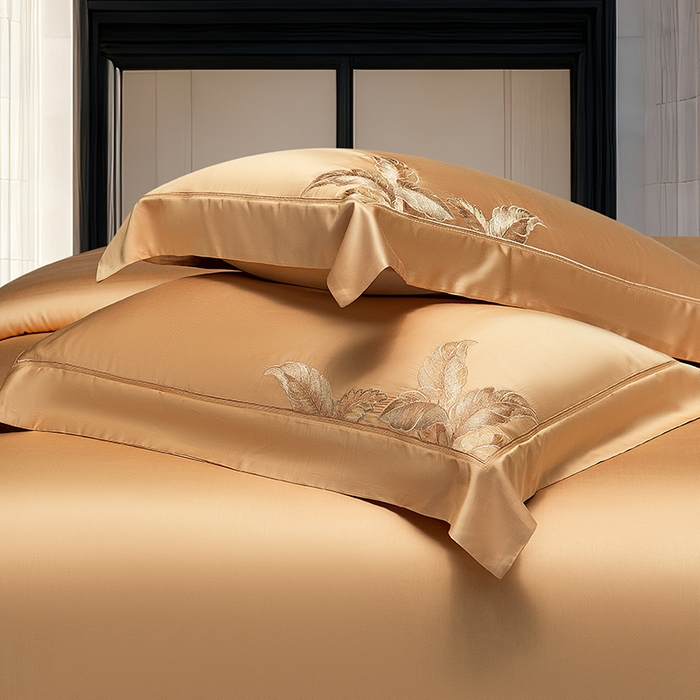 91家纺网 家纺一手货源 找家纺 诗黛尔 2026春夏新款天丝刺绣流绪微梦系列四件套 流绪微梦-南瓜橘