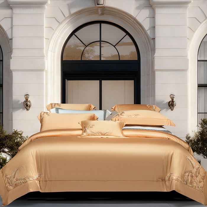 91家纺网 家纺一手货源 找家纺 诗黛尔 2026春夏新款天丝刺绣流绪微梦系列四件套 流绪微梦-南瓜橘