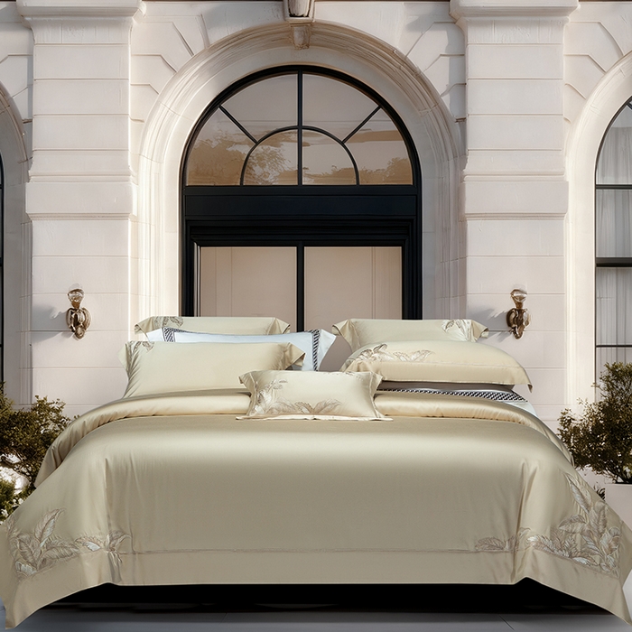 91家纺网 家纺一手货源 找家纺 诗黛尔 2026春夏新款天丝刺绣流绪微梦系列四件套 流绪微梦-香槟金