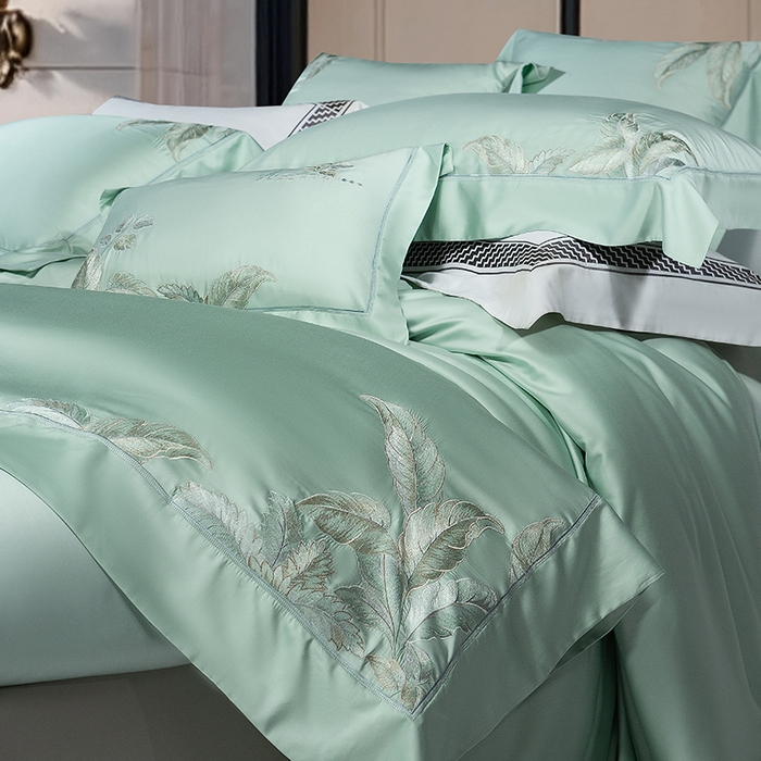 91家纺网 家纺一手货源 找家纺 诗黛尔 2026春夏新款天丝刺绣流绪微梦系列四件套 流绪微梦-清新绿