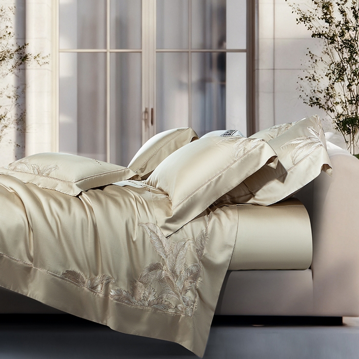 91家纺网 家纺一手货源 找家纺 诗黛尔 2026春夏新款天丝刺绣流绪微梦系列四件套 流绪微梦-香槟金