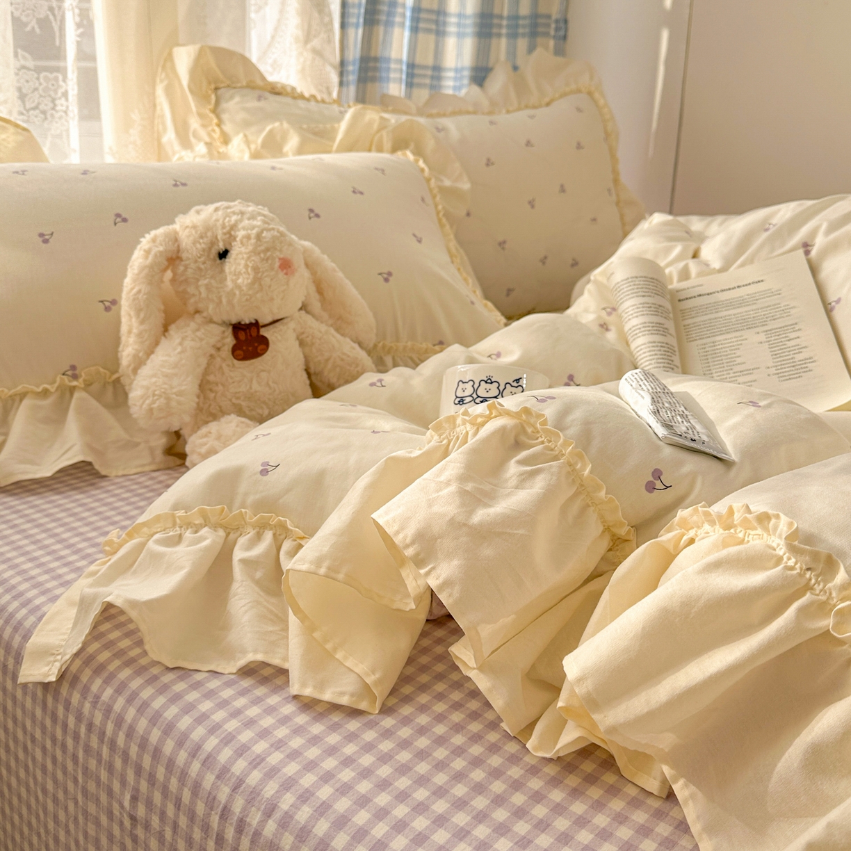 91家纺网 家纺一手货源 找家纺 十里居 2026春夏新款lns花边款全棉纯棉色织水洗棉四件套 樱桃紫格