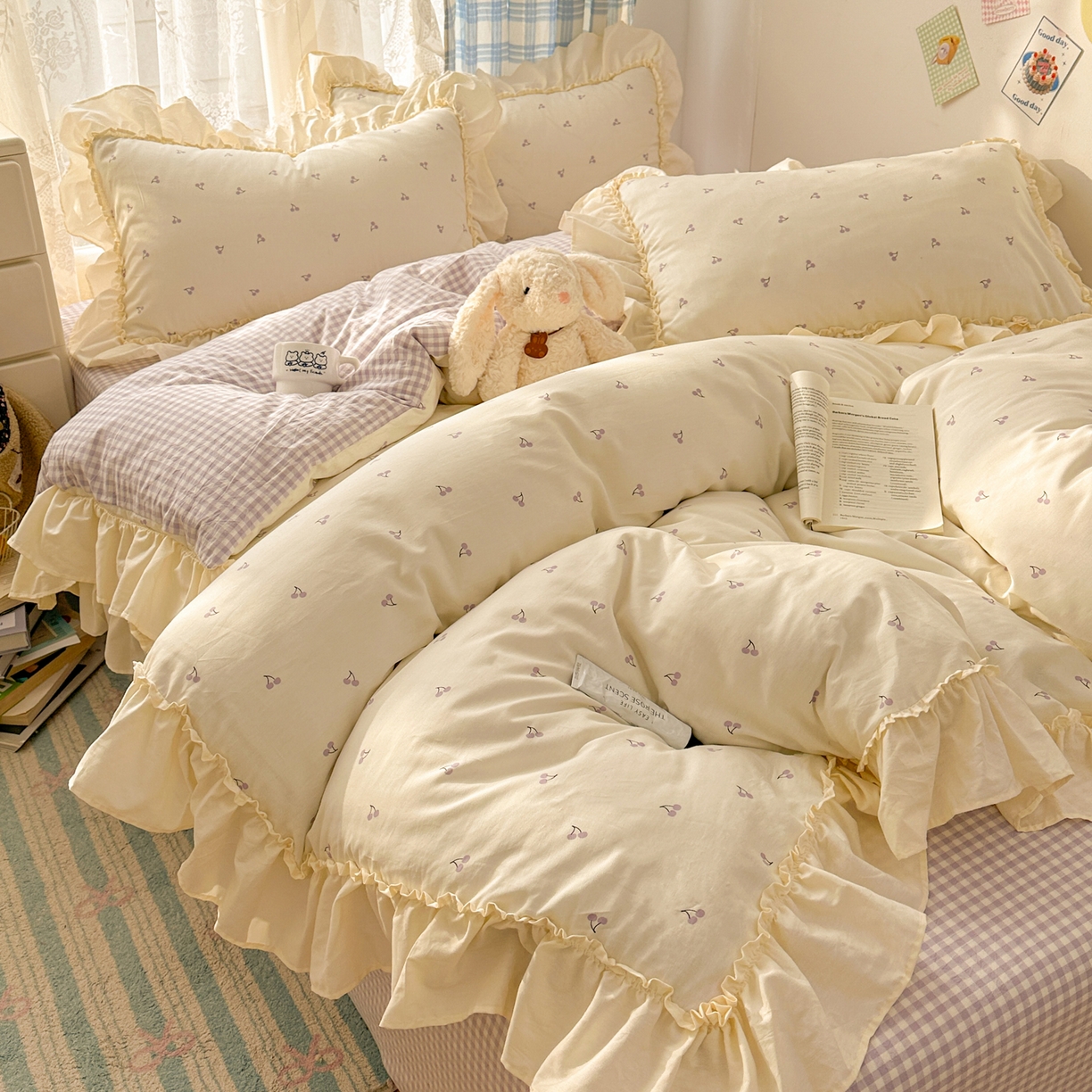 91家纺网 家纺一手货源 找家纺 十里居 2026春夏新款lns花边款全棉纯棉色织水洗棉四件套 樱桃紫格