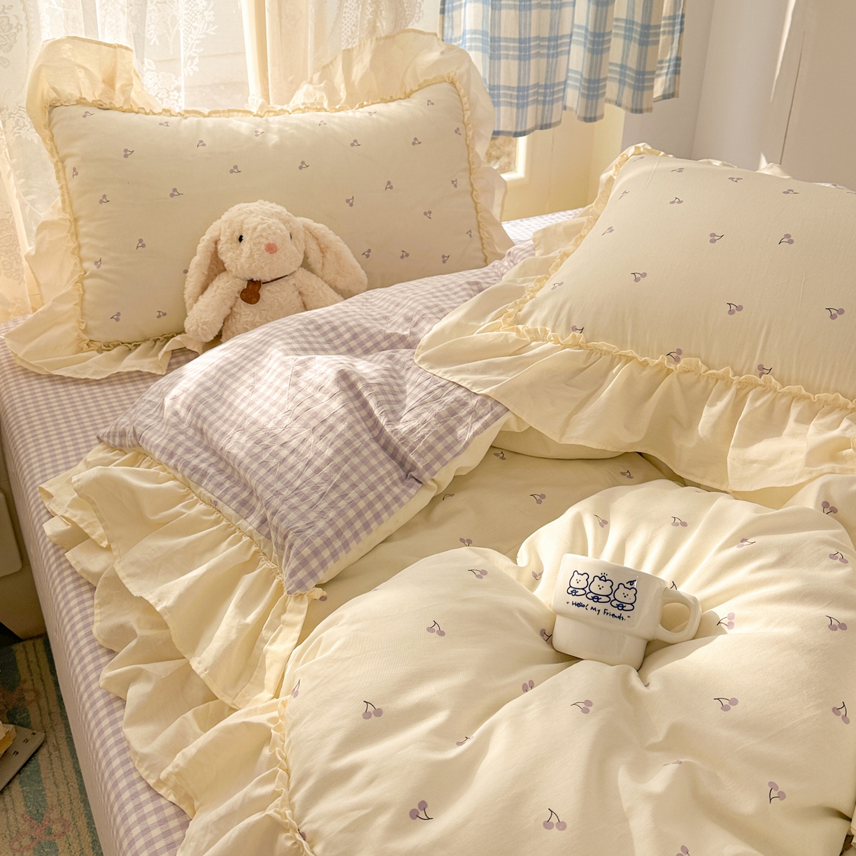 91家纺网 家纺一手货源 找家纺 十里居 2026春夏新款lns花边款全棉纯棉色织水洗棉四件套 樱桃紫格