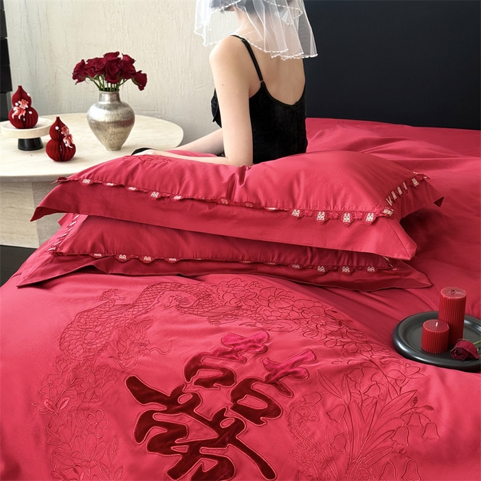 91家纺网 家纺一手货源 找家纺 江涞  2026新款100S长绒棉高精密刺绣四件套 锦绣 锦绣-红