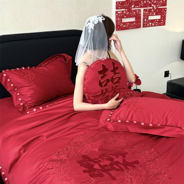 91家纺网 家纺一手货源 找家纺 江涞  2026新款100S长绒棉高精密刺绣四件套 锦绣 锦绣-红
