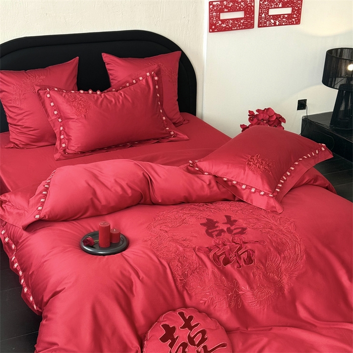 91家纺网 家纺一手货源 找家纺 江涞  2026新款100S长绒棉高精密刺绣四件套 锦绣 锦绣-红