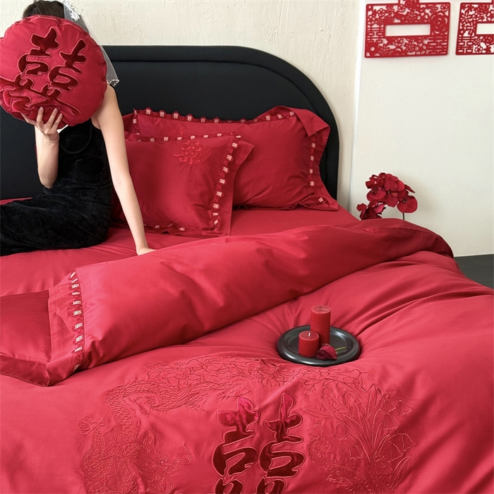 91家纺网 家纺一手货源 找家纺 江涞  2026新款100S长绒棉高精密刺绣四件套 锦绣 锦绣-红