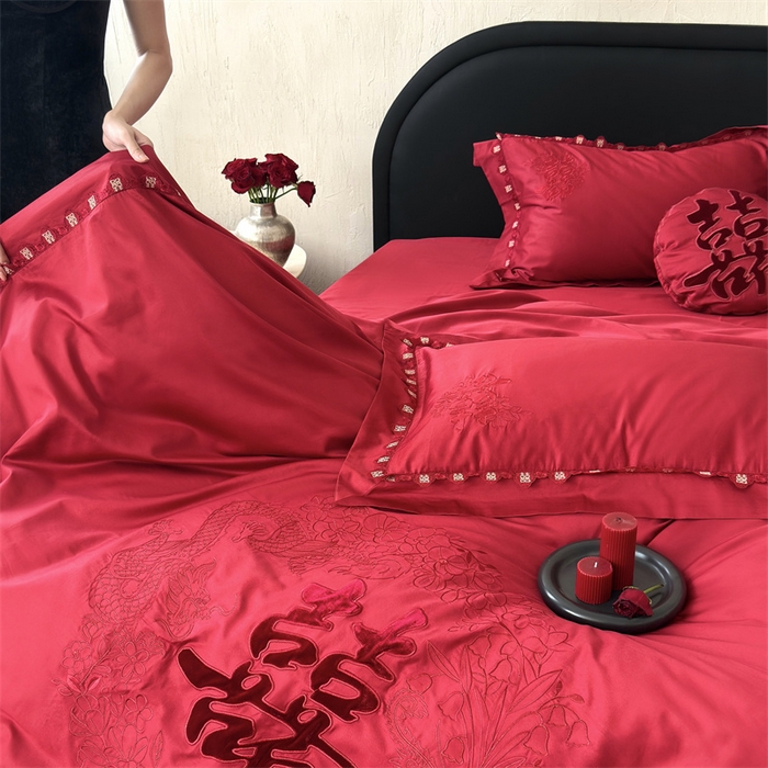 91家纺网 家纺一手货源 找家纺 江涞  2026新款100S长绒棉高精密刺绣四件套 锦绣 锦绣-红