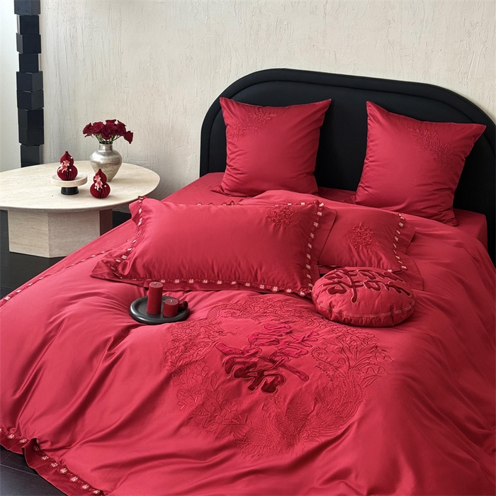 91家纺网 家纺一手货源 找家纺 江涞  2026新款100S长绒棉高精密刺绣四件套 锦绣 锦绣-红