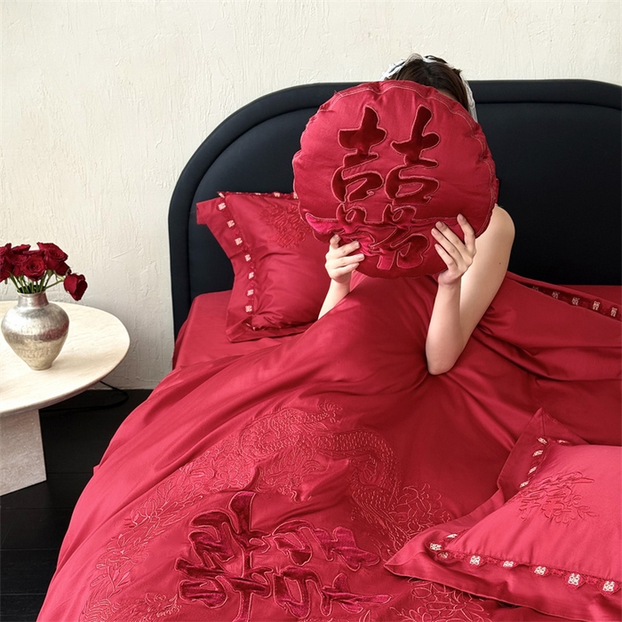 91家纺网 家纺一手货源 找家纺 江涞  2026新款100S长绒棉高精密刺绣四件套 锦绣 锦绣-红