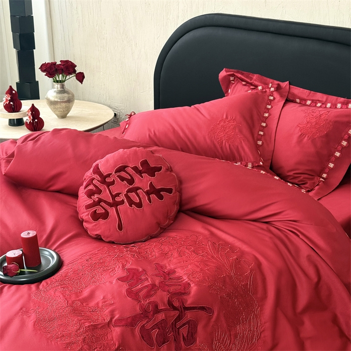 91家纺网 家纺一手货源 找家纺 江涞  2026新款100S长绒棉高精密刺绣四件套 锦绣 锦绣-红