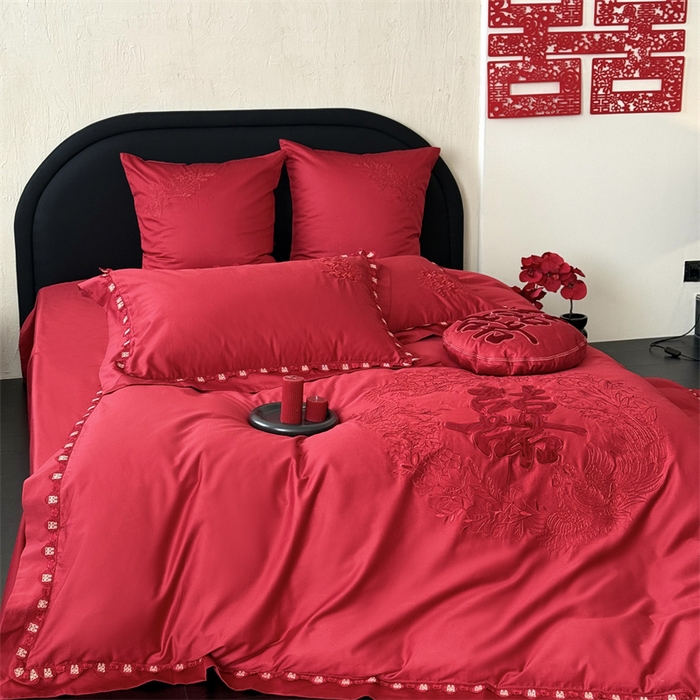 91家纺网 家纺一手货源 找家纺 江涞  2026新款100S长绒棉高精密刺绣四件套 锦绣 锦绣-红