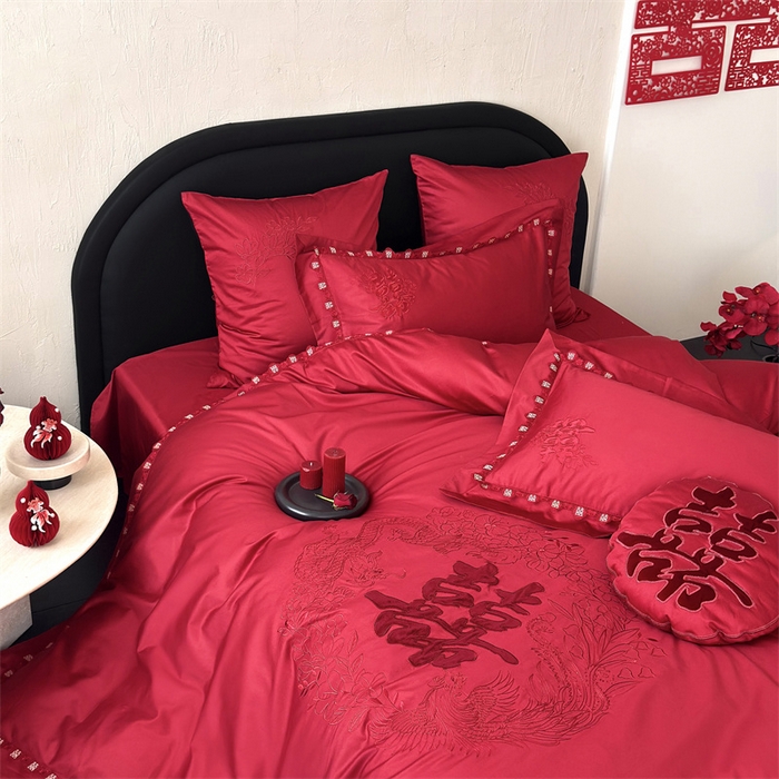 91家纺网 家纺一手货源 找家纺 江涞  2026新款100S长绒棉高精密刺绣四件套 锦绣 锦绣-红