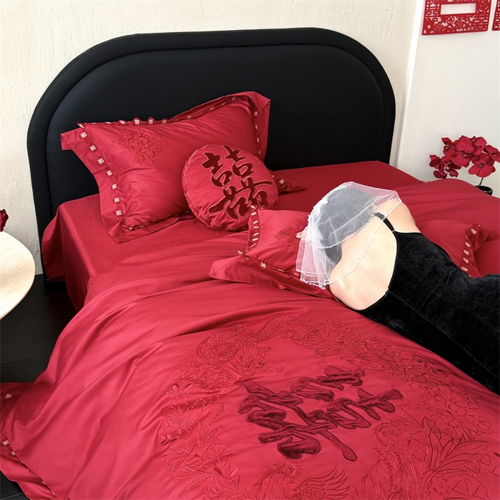 91家纺网 家纺一手货源 找家纺 江涞  2026新款100S长绒棉高精密刺绣四件套 锦绣 锦绣-红