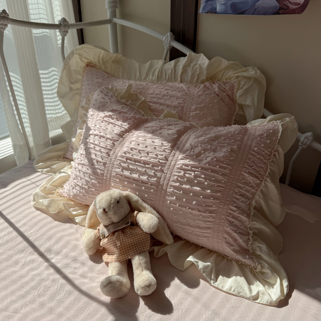 91家纺网 家纺一手货源 找家纺 轻奢坊 2026新款泡泡纱剪花四件套-满天星 满天星粉