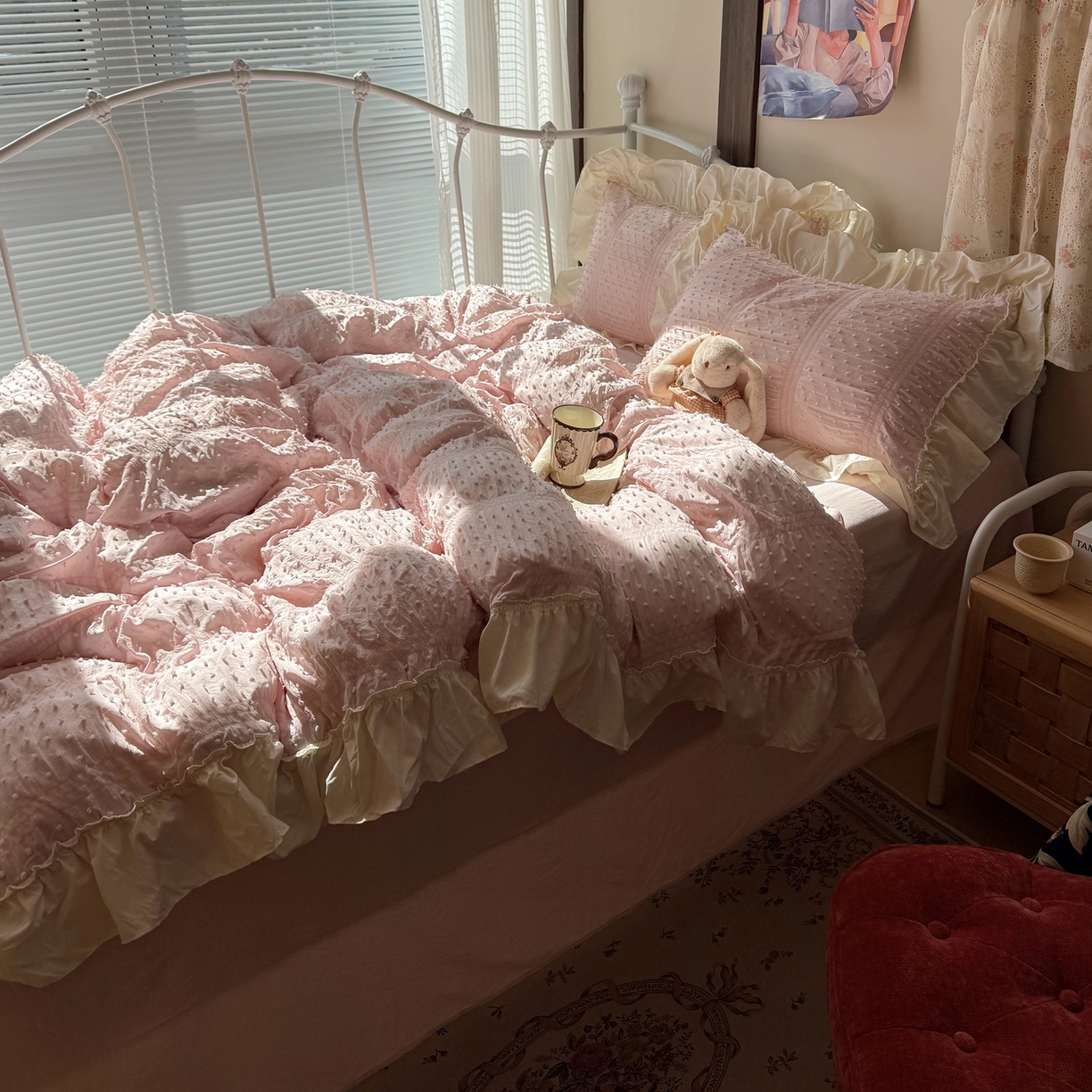 91家纺网 家纺一手货源 找家纺 轻奢坊 2026新款泡泡纱剪花四件套-满天星 满天星粉