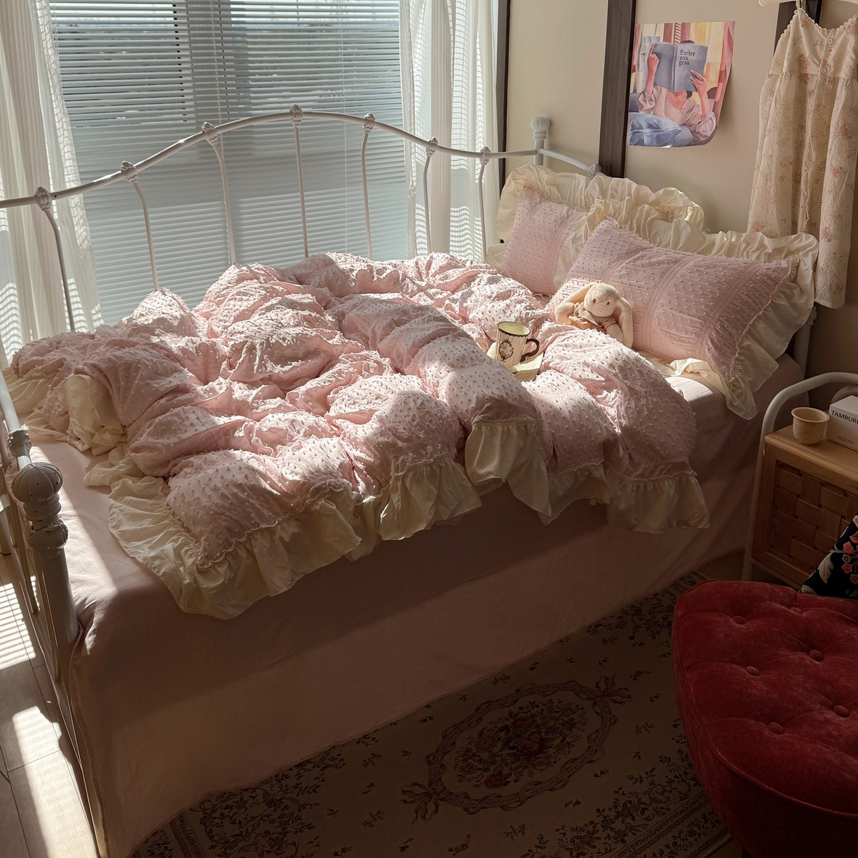 91家纺网 家纺一手货源 找家纺 轻奢坊 2026新款泡泡纱剪花四件套-满天星 满天星粉