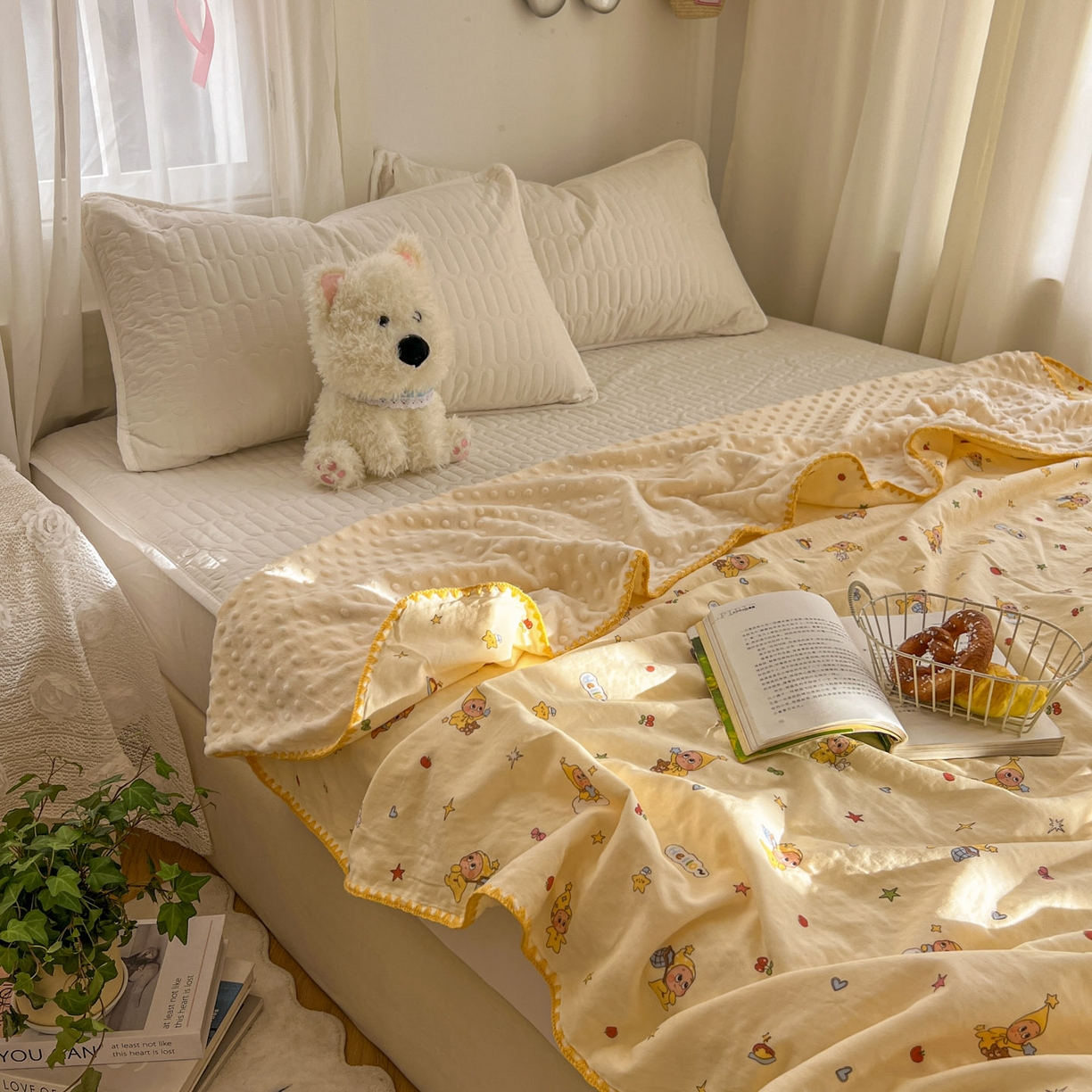 91家纺网 家纺一手货源 找家纺 十里居 2026春夏新款A类母婴级全棉纯棉双层纱多功能豆豆盖毯毛毯毯子 可爱星