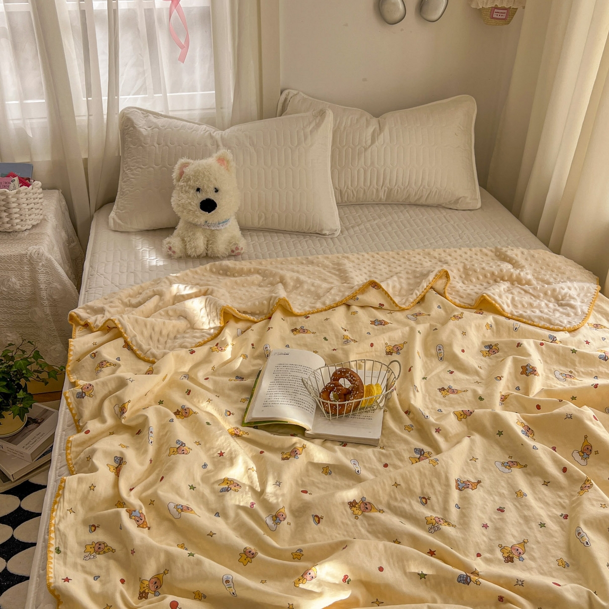 91家纺网 家纺一手货源 找家纺 十里居 2026春夏新款A类母婴级全棉纯棉双层纱多功能豆豆盖毯毛毯毯子 可爱星