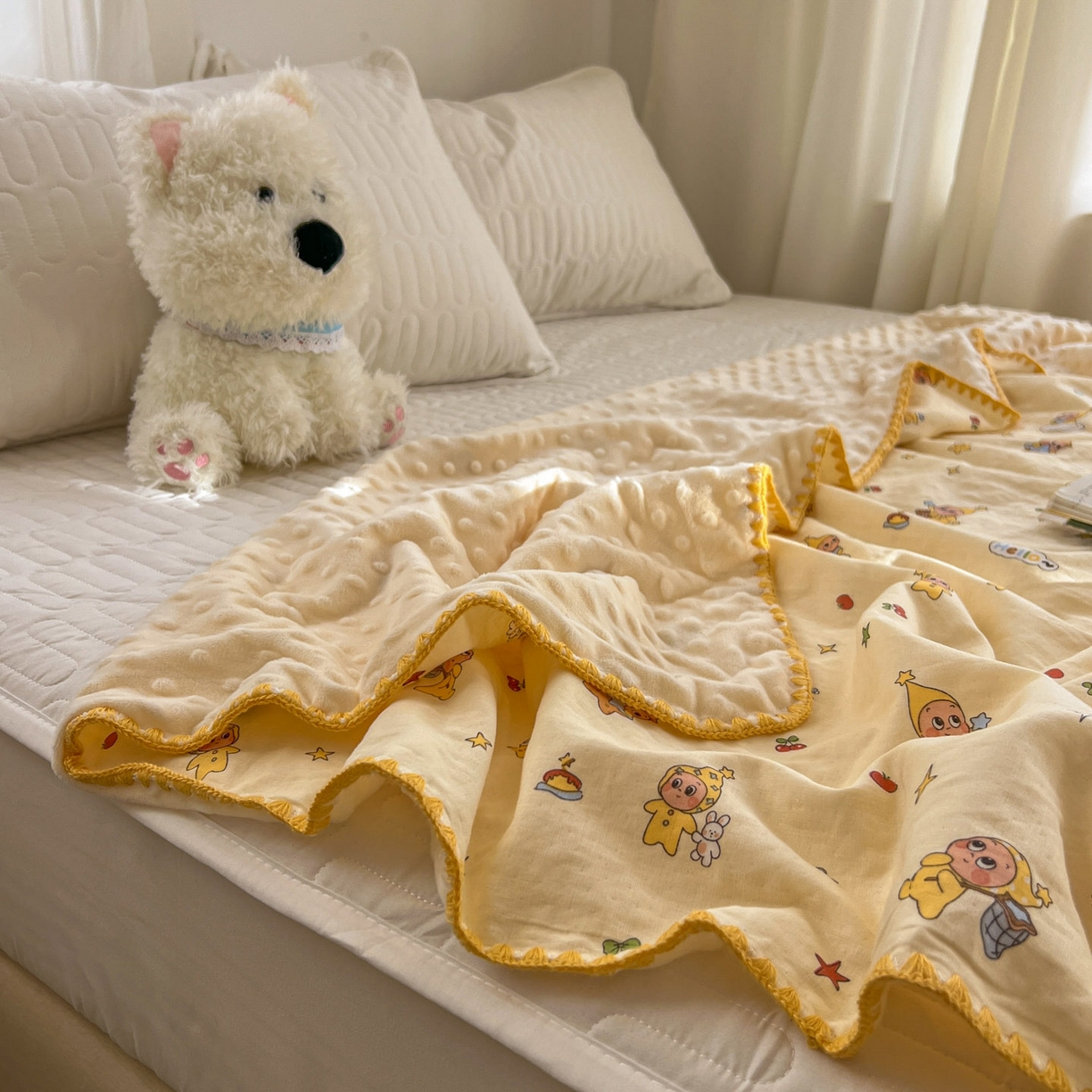 91家纺网 家纺一手货源 找家纺 十里居 2026春夏新款A类母婴级全棉纯棉双层纱多功能豆豆盖毯毛毯毯子 可爱星