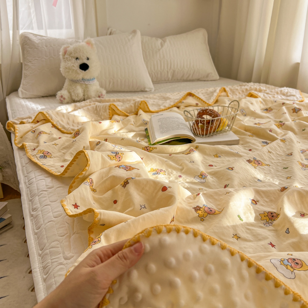 91家纺网 家纺一手货源 找家纺 十里居 2026春夏新款A类母婴级全棉纯棉双层纱多功能豆豆盖毯毛毯毯子 可爱星