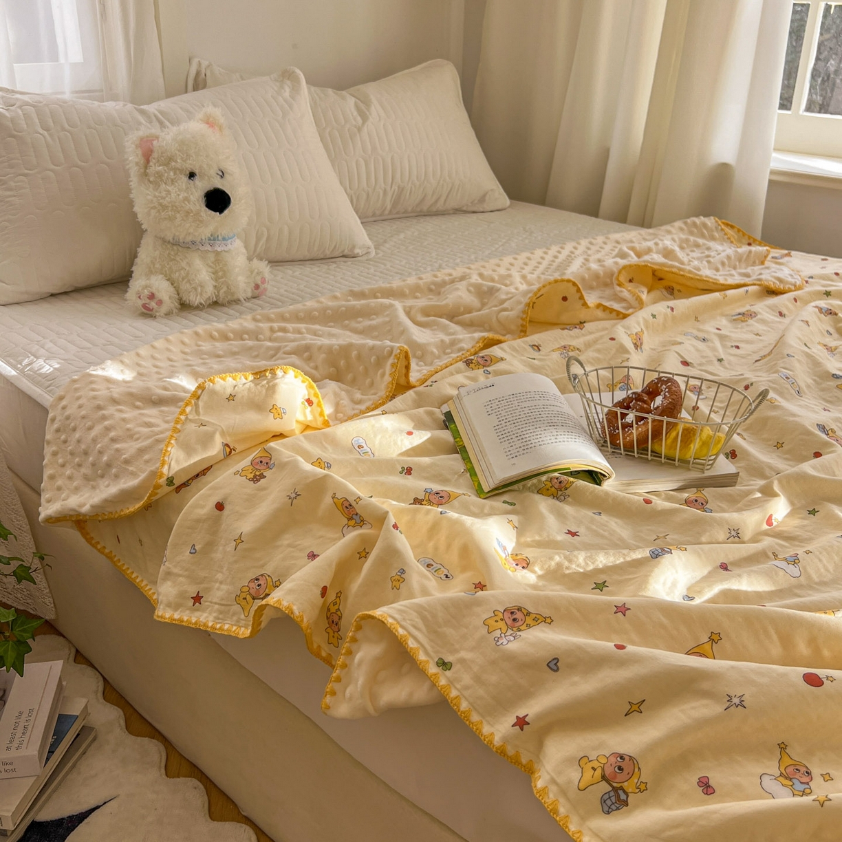 91家纺网 家纺一手货源 找家纺 十里居 2026春夏新款A类母婴级全棉纯棉双层纱多功能豆豆盖毯毛毯毯子 可爱星