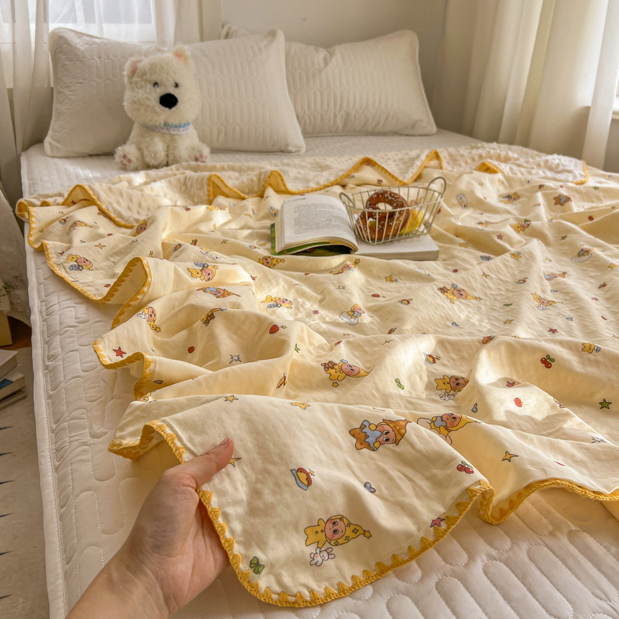 91家纺网 家纺一手货源 找家纺 十里居 2026春夏新款A类母婴级全棉纯棉双层纱多功能豆豆盖毯毛毯毯子 可爱星