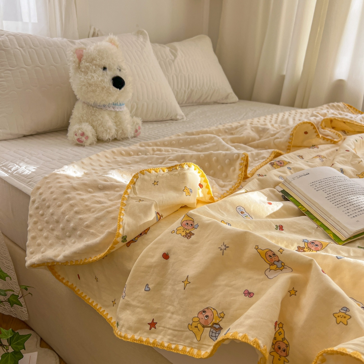 91家纺网 家纺一手货源 找家纺 十里居 2026春夏新款A类母婴级全棉纯棉双层纱多功能豆豆盖毯毛毯毯子 可爱星