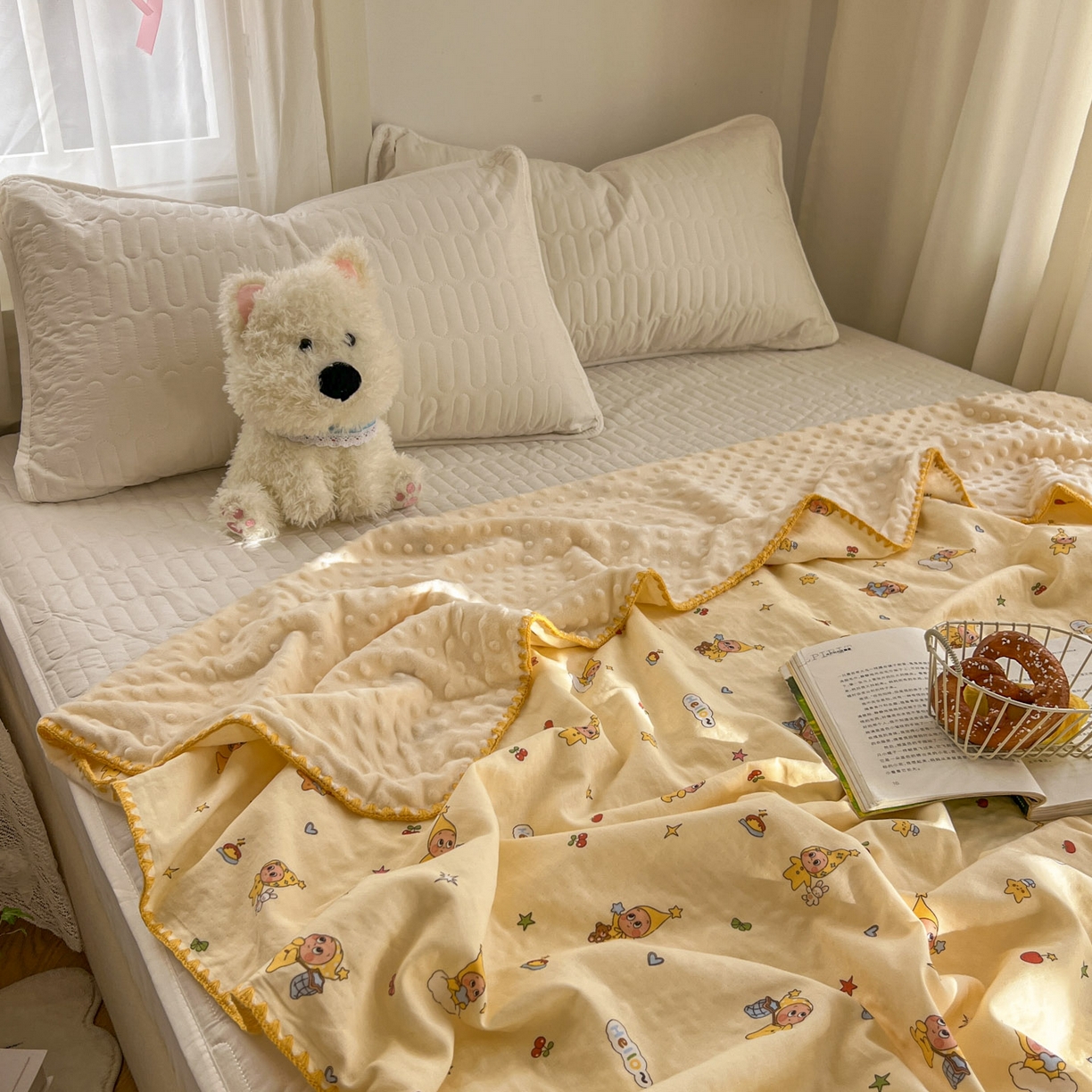 十里居 2026春夏新款A类母婴级全棉纯棉双层纱多功能豆豆盖毯毛毯毯子 可爱星