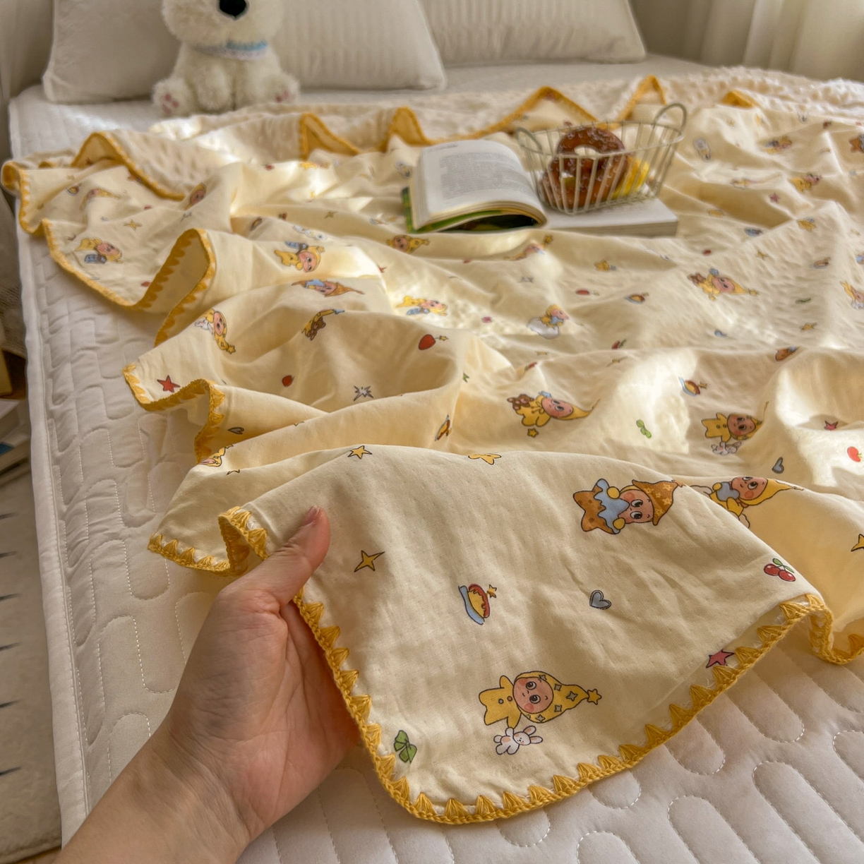 91家纺网 家纺一手货源 找家纺 十里居 2026春夏新款A类母婴级全棉纯棉双层纱多功能豆豆盖毯毛毯毯子 可爱星