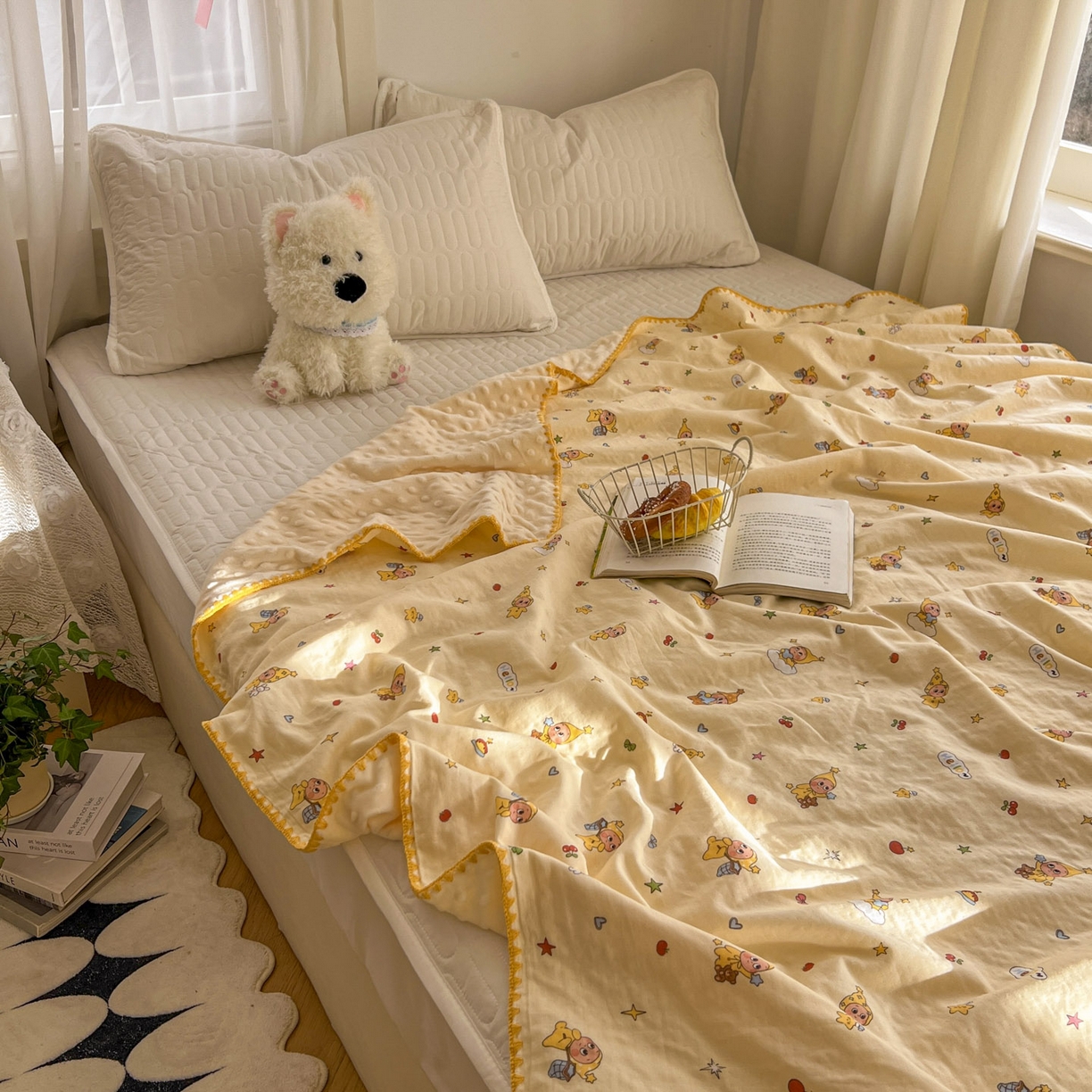 91家纺网 家纺一手货源 找家纺 十里居 2026春夏新款A类母婴级全棉纯棉双层纱多功能豆豆盖毯毛毯毯子 可爱星