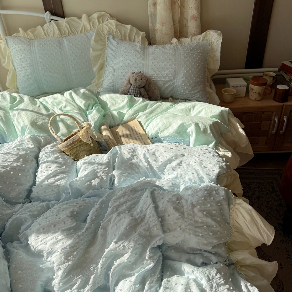 91家纺网 家纺一手货源 找家纺 轻奢坊 2026新款泡泡纱剪花四件套-满天星 满天星蓝