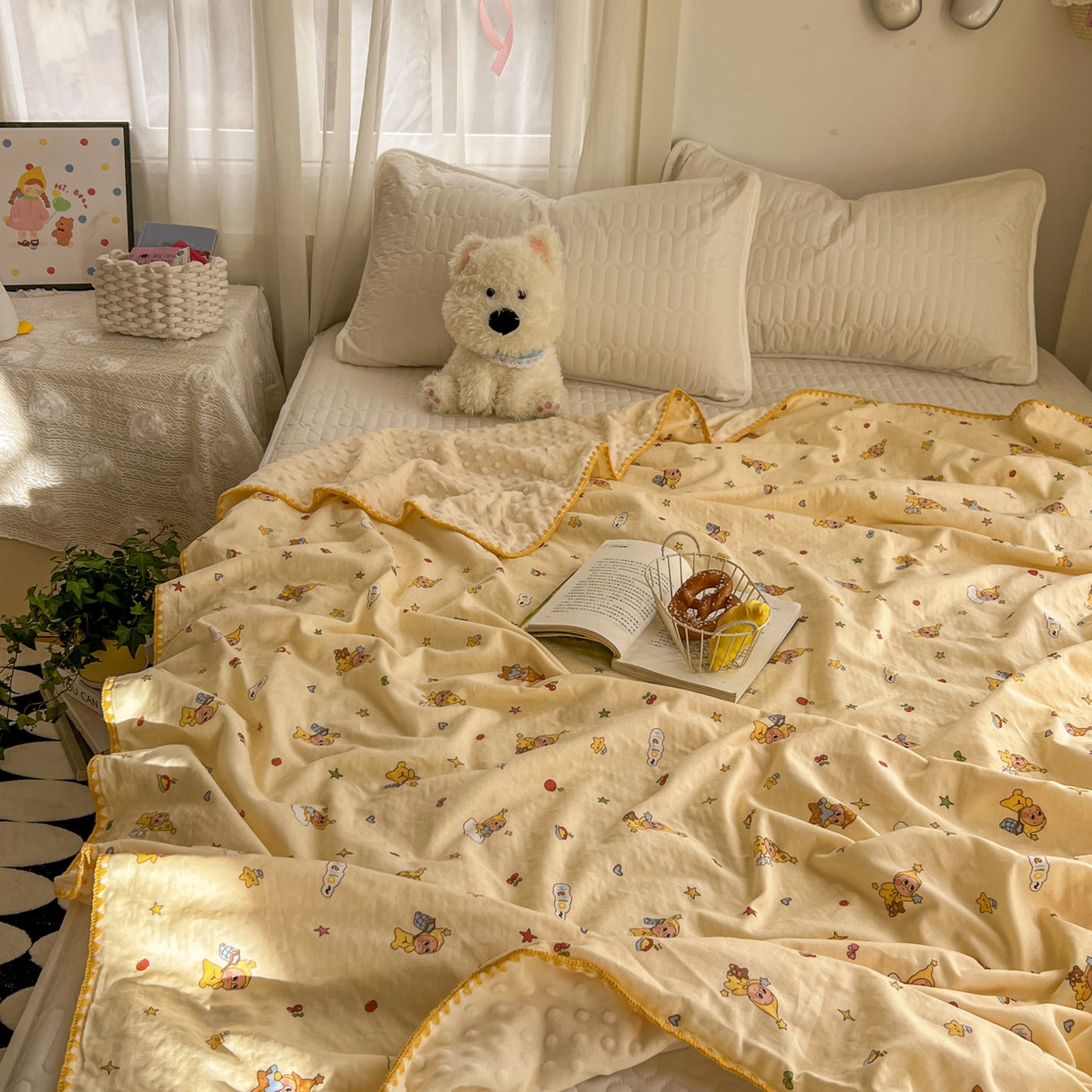 91家纺网 家纺一手货源 找家纺 十里居 2026春夏新款A类母婴级全棉纯棉双层纱多功能豆豆盖毯毛毯毯子 可爱星