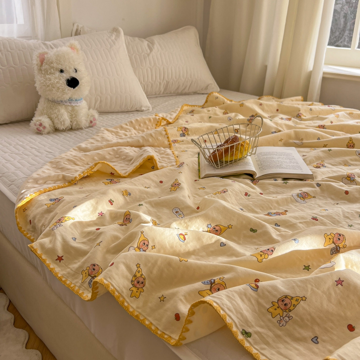 91家纺网 家纺一手货源 找家纺 十里居 2026春夏新款A类母婴级全棉纯棉双层纱多功能豆豆盖毯毛毯毯子 可爱星