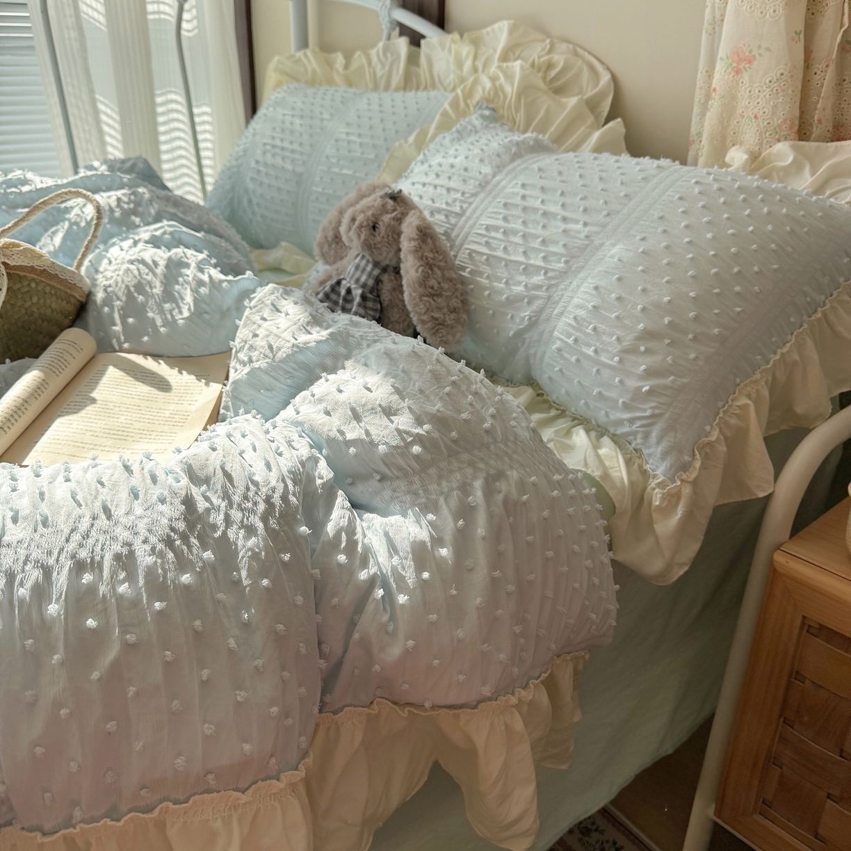 91家纺网 家纺一手货源 找家纺 轻奢坊 2026新款泡泡纱剪花四件套-满天星 满天星蓝