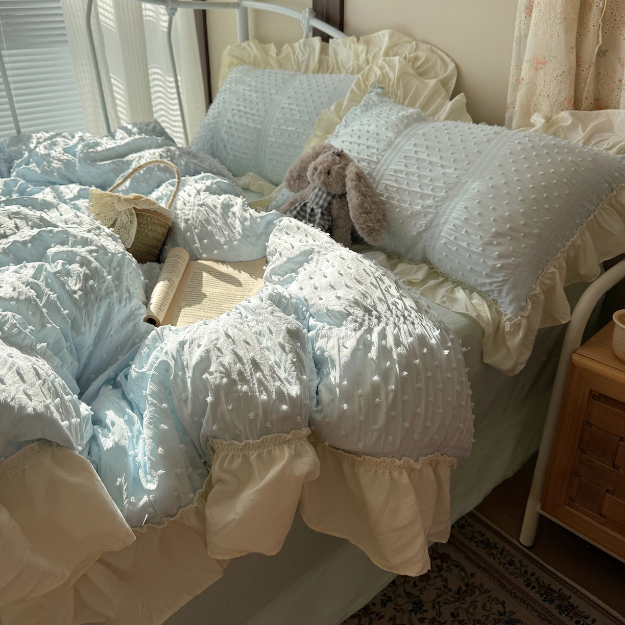 91家纺网 家纺一手货源 找家纺 轻奢坊 2026新款泡泡纱剪花四件套-满天星 满天星蓝