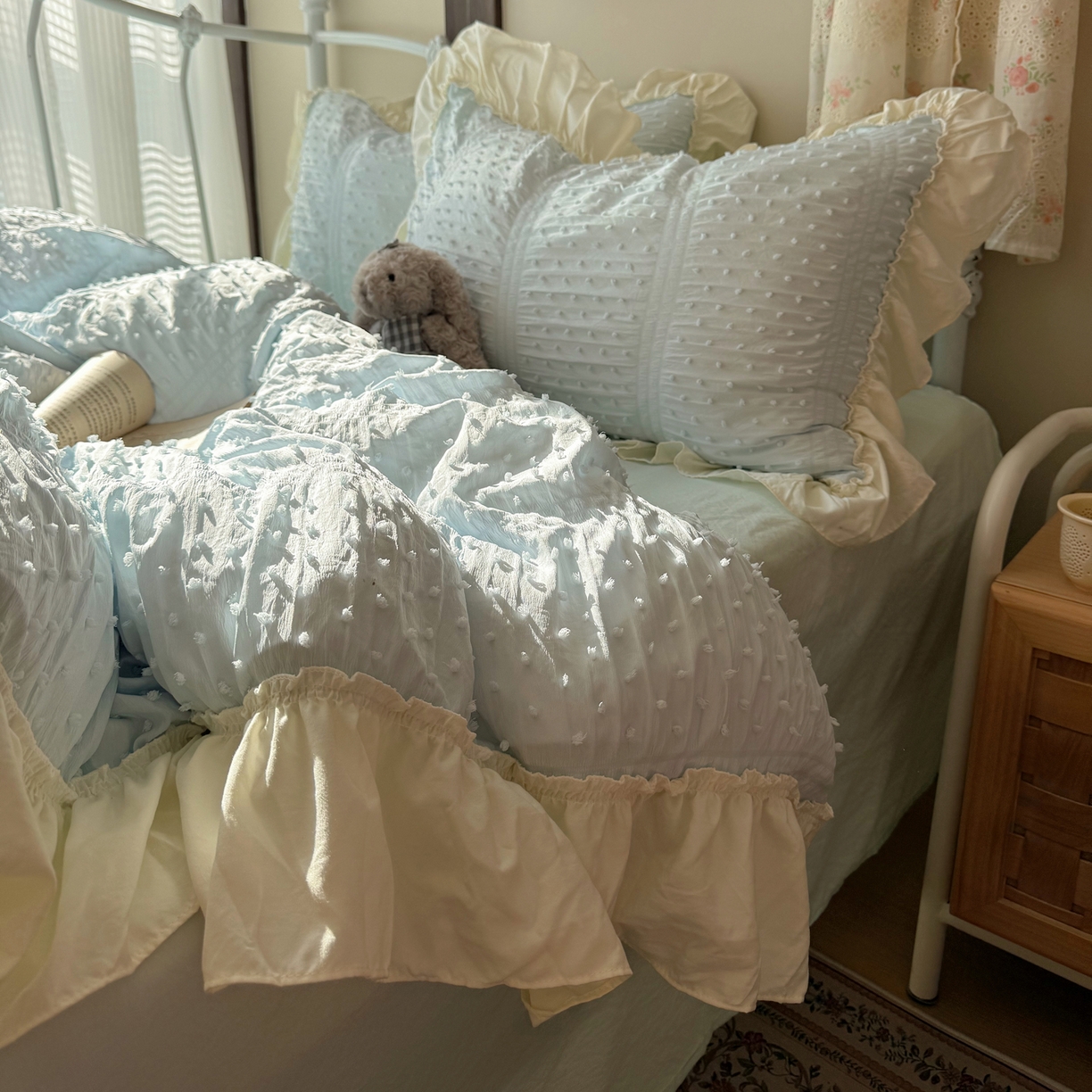 91家纺网 家纺一手货源 找家纺 轻奢坊 2026新款泡泡纱剪花四件套-满天星 满天星蓝