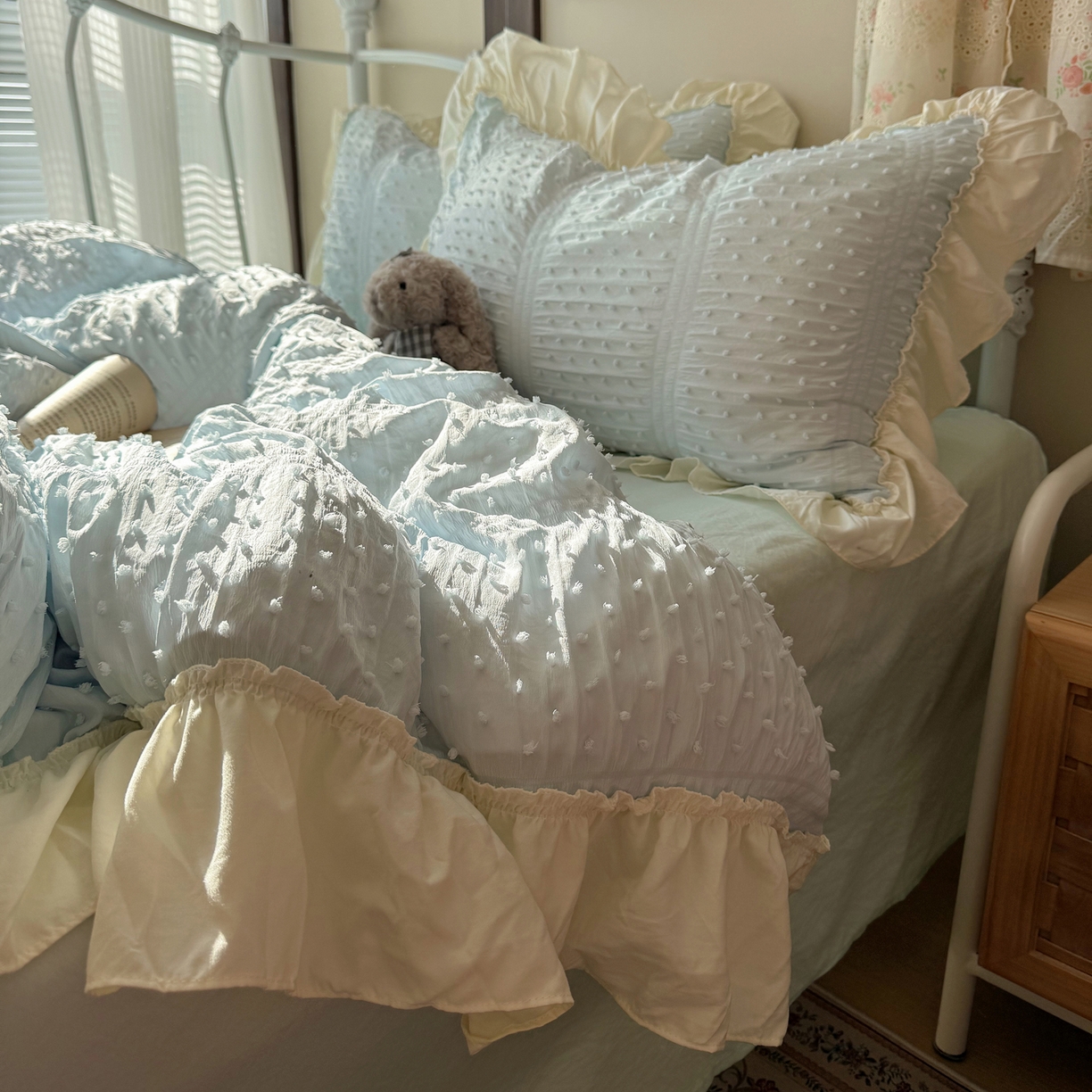 91家纺网 家纺一手货源 找家纺 轻奢坊 2026新款泡泡纱剪花四件套-满天星 满天星蓝