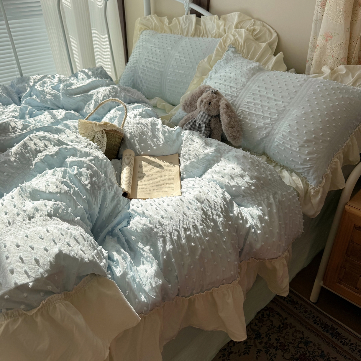 91家纺网 家纺一手货源 找家纺 轻奢坊 2026新款泡泡纱剪花四件套-满天星 满天星蓝