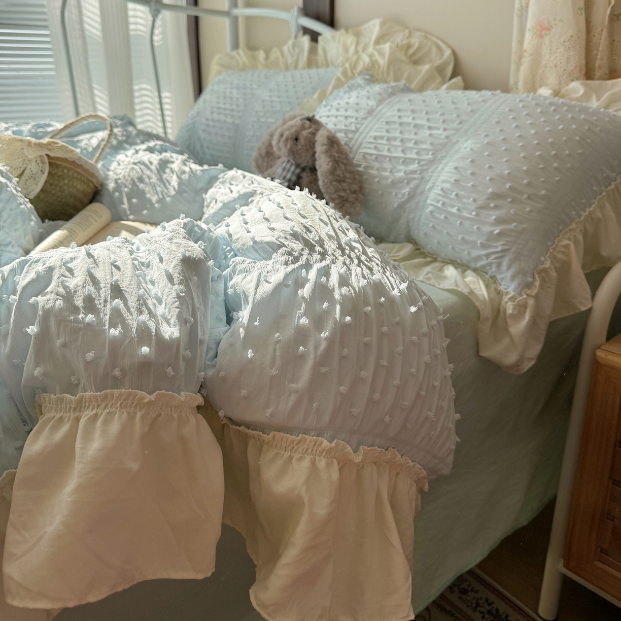 91家纺网 家纺一手货源 找家纺 轻奢坊 2026新款泡泡纱剪花四件套-满天星 满天星蓝